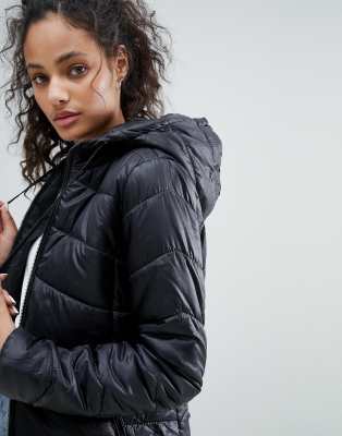 bershka hooded puffer jacket in black