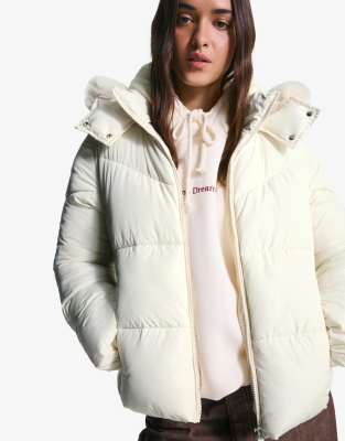 Bershka - Pufferjacke in Beige mit Kapuze mit Kunstpelzbesatz-Neutral