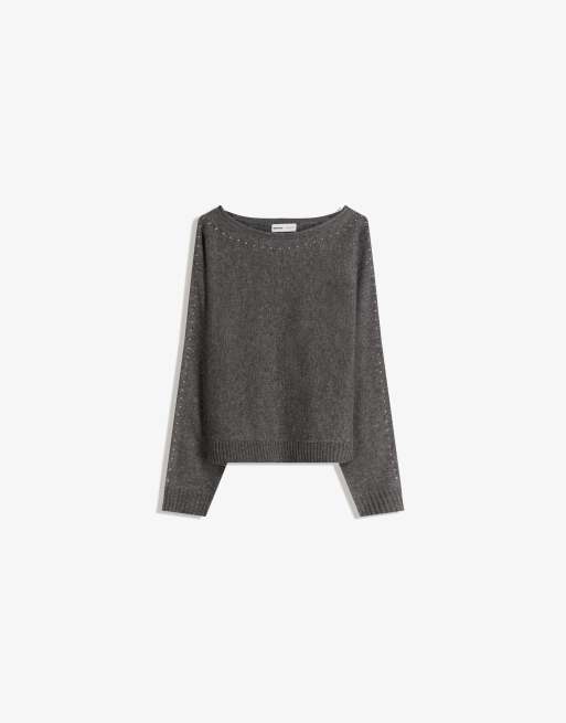 Bershka - Pull à col bateau et clous - Gris