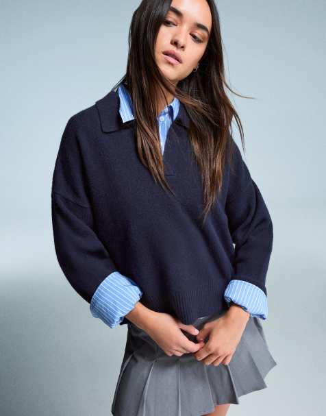Bershka - Pull à col polo - Bleu denim - view 1