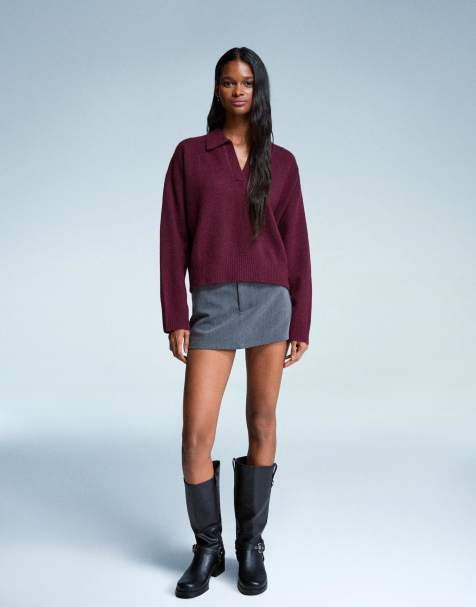 Bershka - Pull à col polo - Bordeaux - view 1