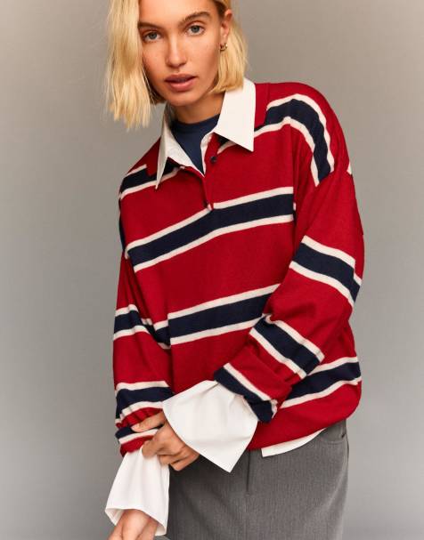 Bershka - Pull à col polo - Rouge - view 1