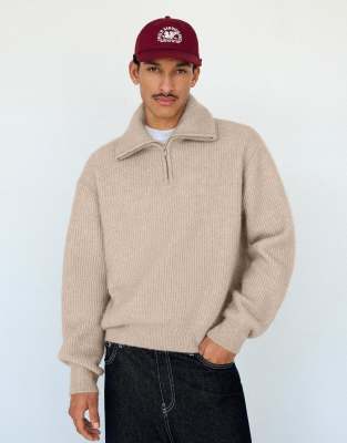 Bershka - Pull à col zippé - Beige-Neutre