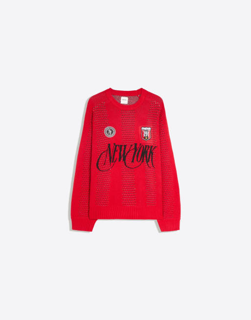Bershka pull à empiècements en mesh col rond rouge, 6 de 6