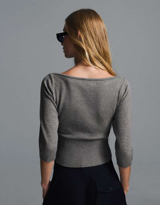 Bershka - Pull à encolure bateau - Gris, 3 de 5