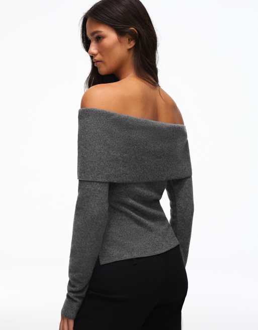 Bershka - Pull à manches longues et encolure Bardot - Gris clair, 3 de 5