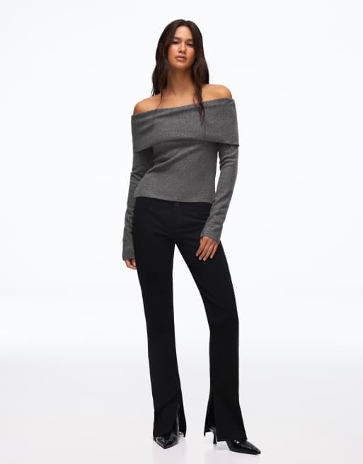 Bershka - Pull à manches longues et encolure Bardot - Gris clair, 4 de 5