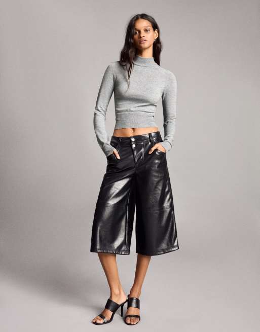 Bershka pull ajusté côtelé à col montant gris, 4 de 5