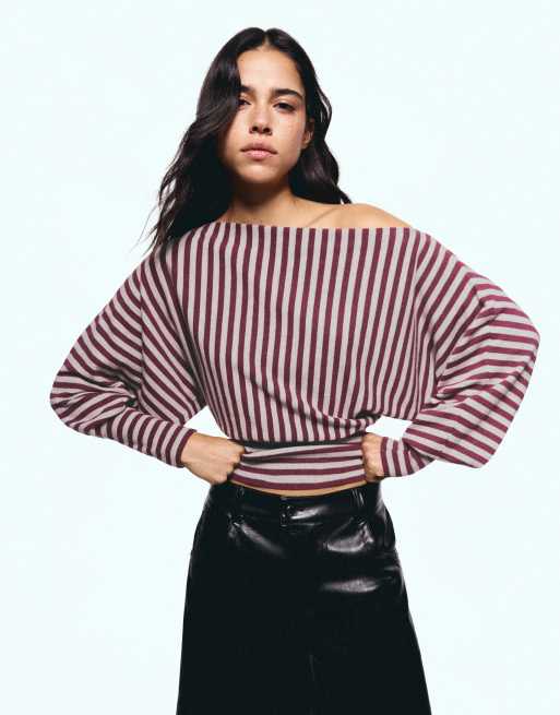 Bershka pull asymétrique à col rayé bordeaux, 2 de 5