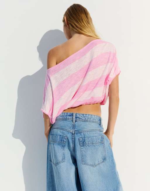 Bershka - Pull asymétrique à rayures - Rose, 2 de 3
