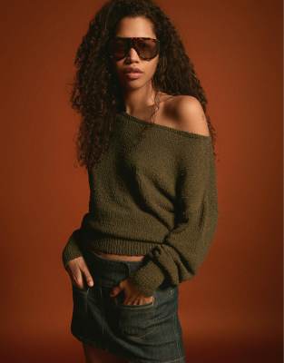 Bershka - Pull asymétrique - Kaki-Vert