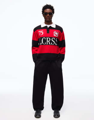 Bershka - Pull brodé à col polo - Rouge