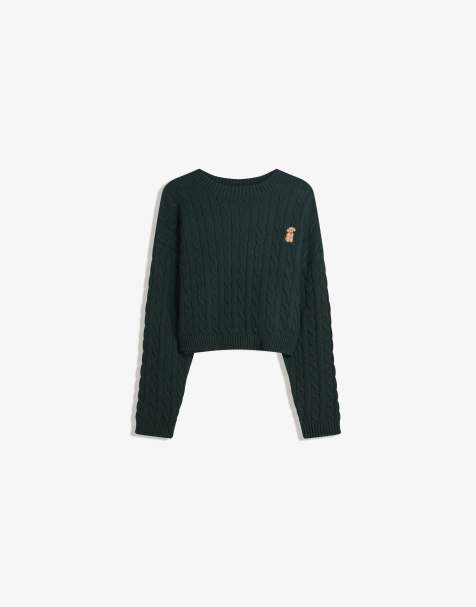 Bershka - Pull brodé en maille torsadée - Vert - view 1