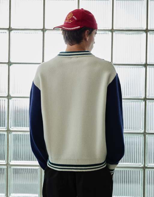 Bershka pull col polo à torsades, broderie contrastante, bleu denim, 4 de 6