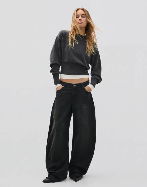 Bershka pull col rond avec détail de boutons en gris, 2 de 5