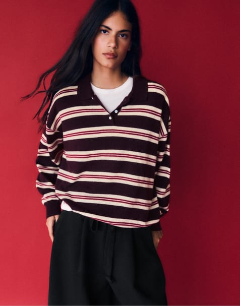 Bershka pull col roulé à rayures bordeaux - view 1