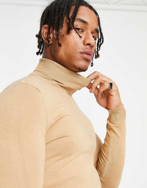 Bershka - Pull col roulé en maille fine - Camel