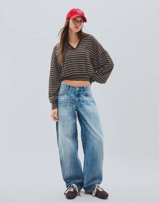 Bershka - Pull côtelé à col polo - Marron, 3 de 4