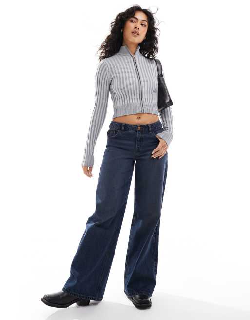 Bershka - Pull côtelé à fermeture éclair - Gris