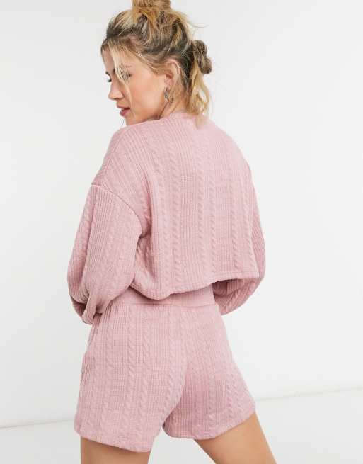 Bershka - Pull court d'ensemble en jersey aspect torsadé - Rose, 2 de 4