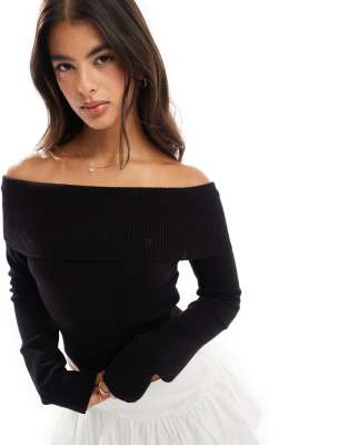 Bershka - Pull en maille à col Bardot - Noir