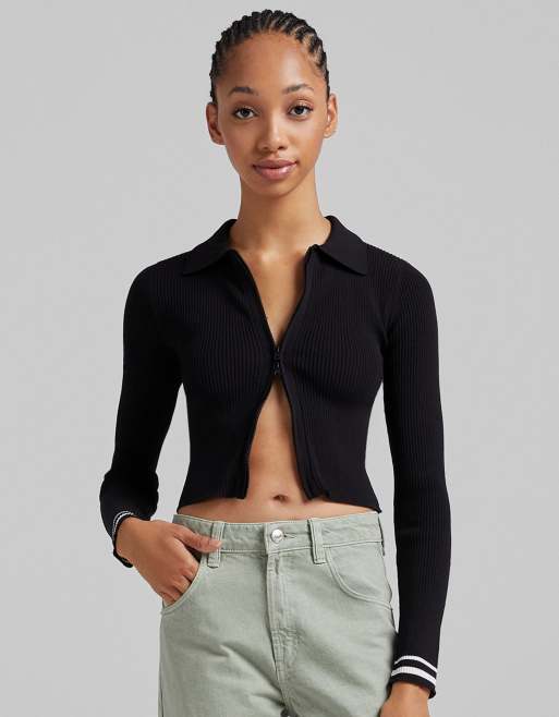 Bershka - Pull en maille à col polo et fermeture éclair double sens - Noir 