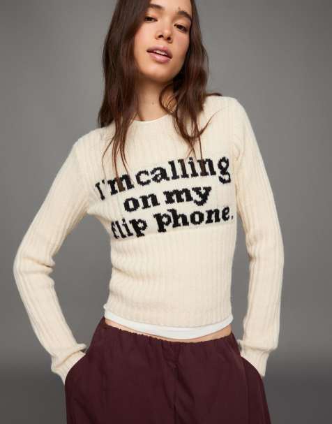 Bershka - Pull en maille à imprimé - Écru - view 1