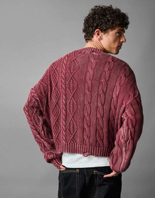 Bershka - Pull en maille torsadée - Bordeaux délavé, 4 de 4
