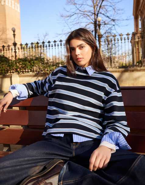 Bershka - Pull imprimé à col rond - Bleu marine - view 1