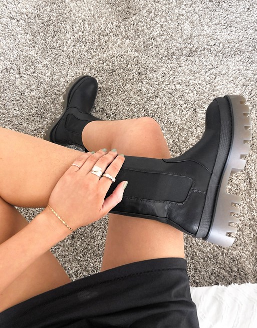 Bershka pull on chunky sole boot with contrast sole in black