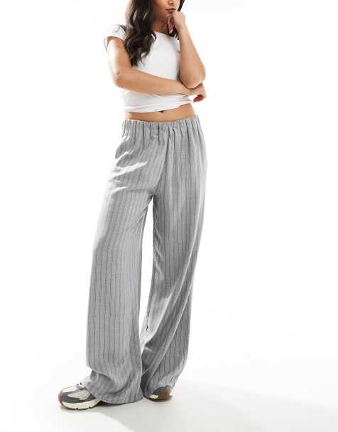Bershka pull on wide leg pants in grey stripe - view 1
