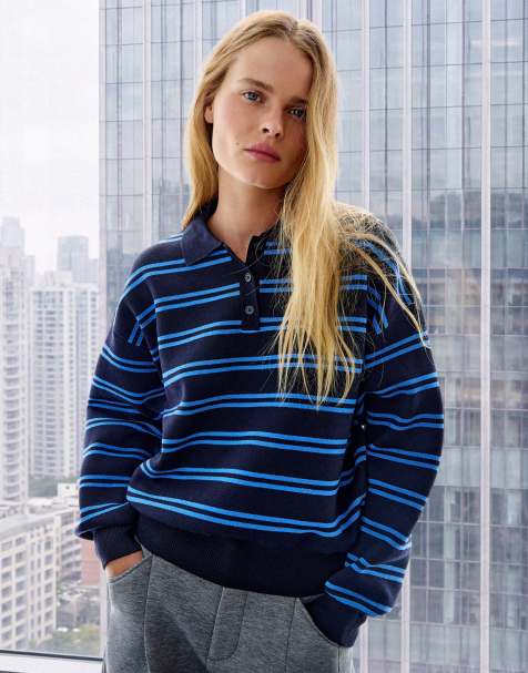 Bershka - Pull oversize à col polo - Bleu - view 1