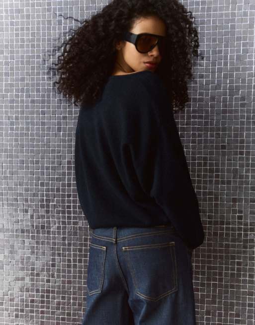 Bershka pull oversize col V bleu denim, 3 de 5