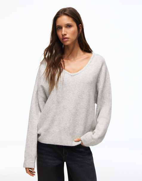 Bershka pull oversize col V gris - view 1