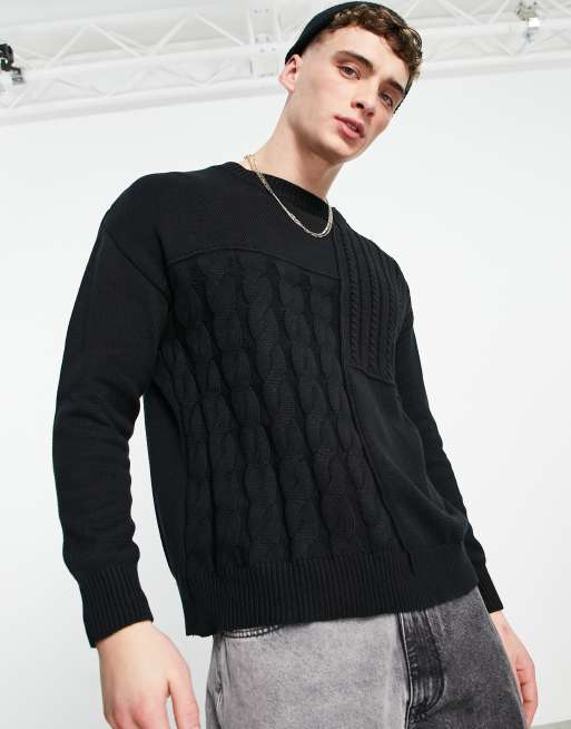 Bershka - Pull oversize en maille torsadée - Noir