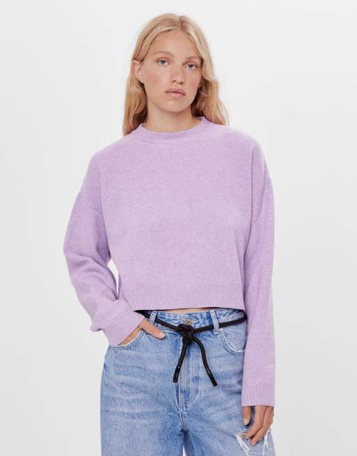 Bershka Pull ras de cou en maille compacte Lilas chin ASOS