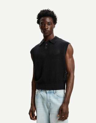 Bershka - Pull sans manches en tulle avec col polo boutonné - Noir