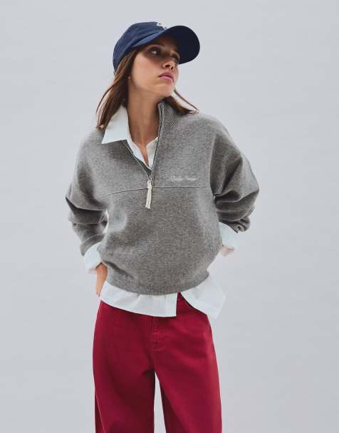 Bershka - Pull zippé à broderies - Gris - view 1