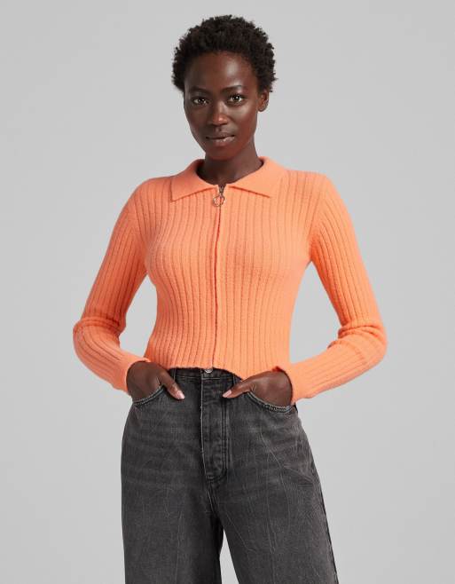 Bershka Pull zippe a col polo Orange