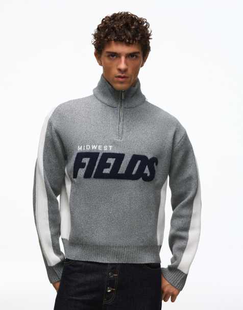 Bershka pull zippé graphique gris - view 1