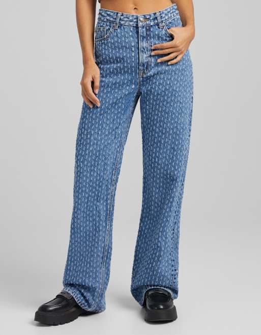 Bershka pulled distressed straight jean in blue