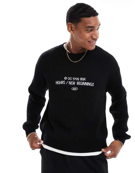 Bershka – Pullover aus Rippstrick in Schwarz mit Grafik auf der Vorderseite - view 1