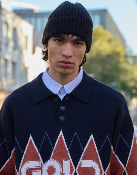 Bershka – Pullover in Blau mit Polokragen und Print - view 1