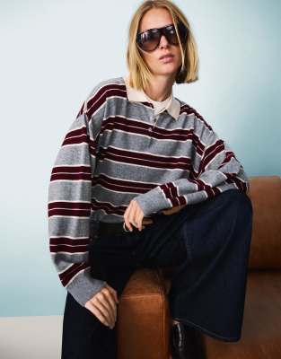 Bershka - Pullover in Burgunderrot mit Polokragen