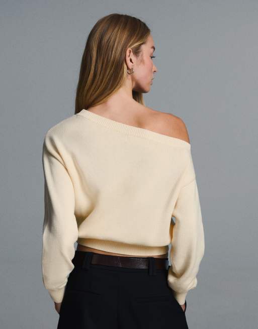 Bershka – Pullover in Ecru mit Stickerei und U-Boot-Ausschnitt, 3 von 5