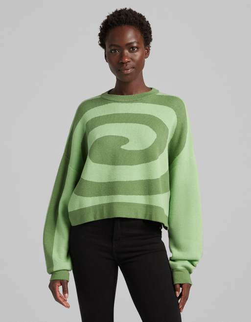 Bershka – Pullover in Grün mit Retro-Wirbelmuster