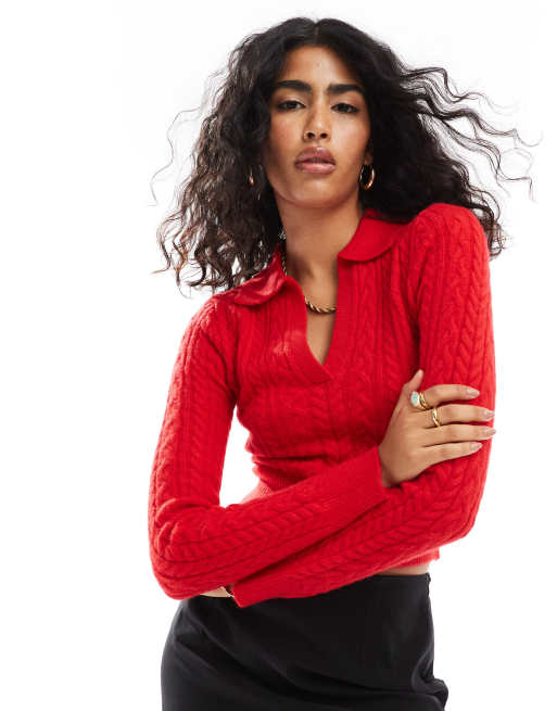 Bershka – Pullover in Rot mit Polokragen und Zopfmuster