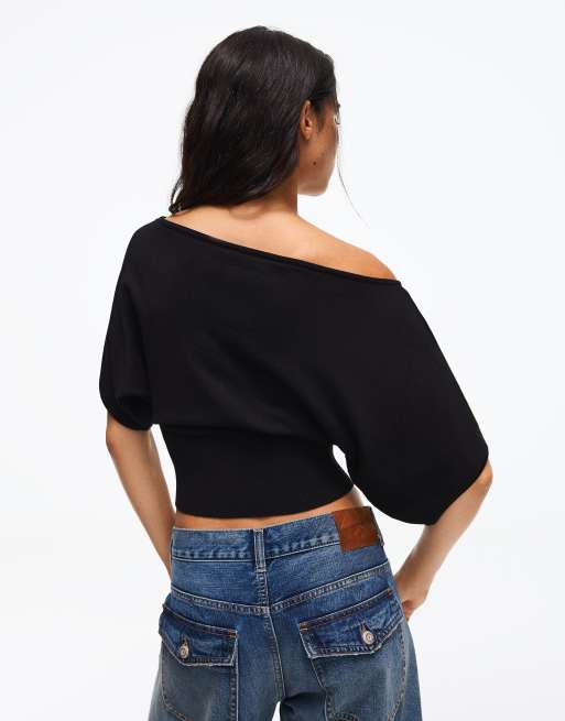 Bershka Pullover mit asymmetrischem Ausschnitt in Schwarz, 3 von 5