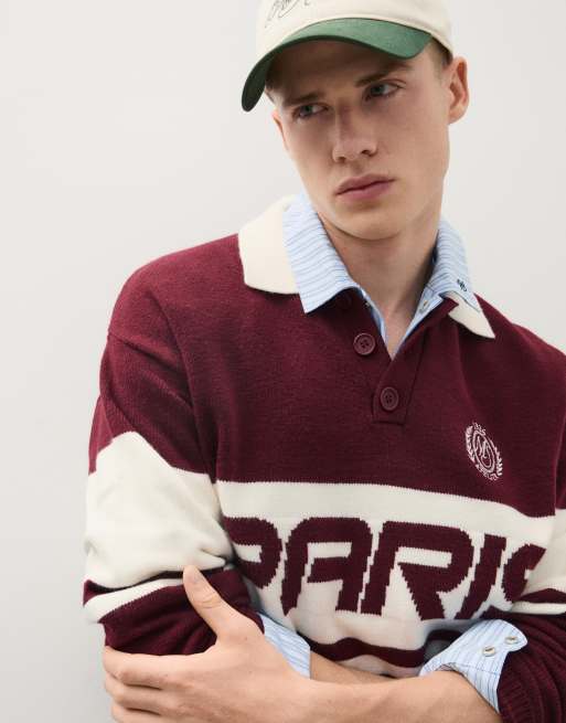 Bershka Pullover mit besticktem Polokragen in Burgunderrot, 4 von 6