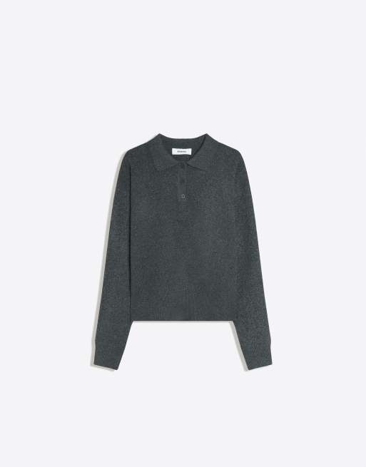 Bershka Pullover mit Knopfleiste, kastigem Schnitt und Polokragen in Grau, 5 von 5